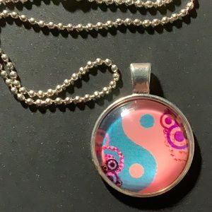 Silver Cabochon Necklace - Pink And Blue Yin Yang